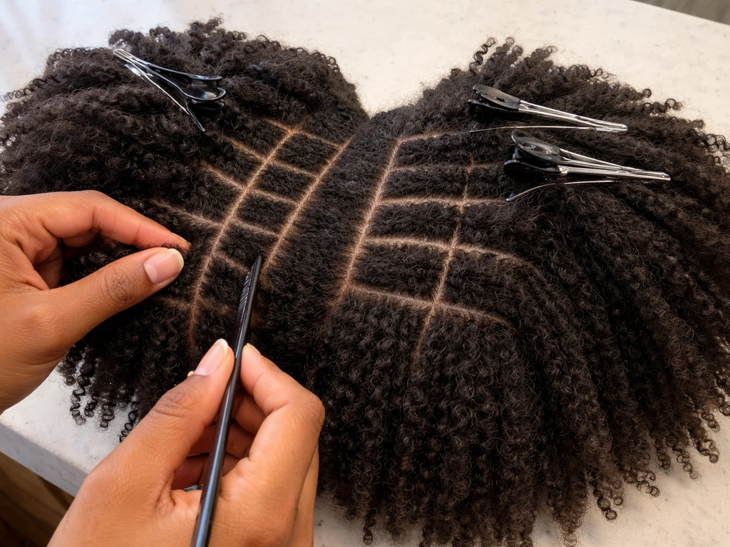 Hands parting and combing natural hair into neat sections with a small sectioning comb and hair clips