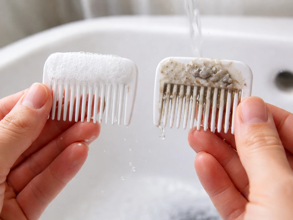 Two combs in a sink showing residue-free loc foam versus heavy buildup on the teeth.