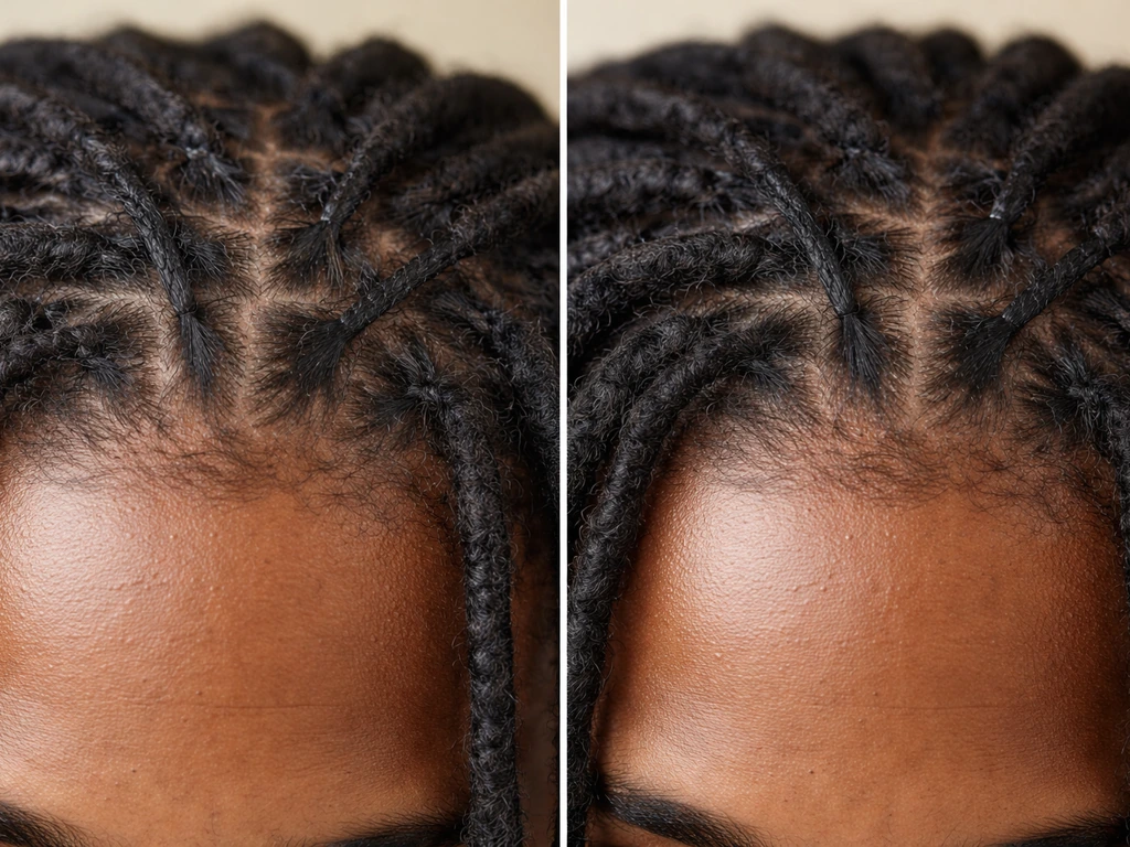 Two close-up photos of dreadlock roots: one shows stress from tight retwisting, the other relaxed flat interlocking.