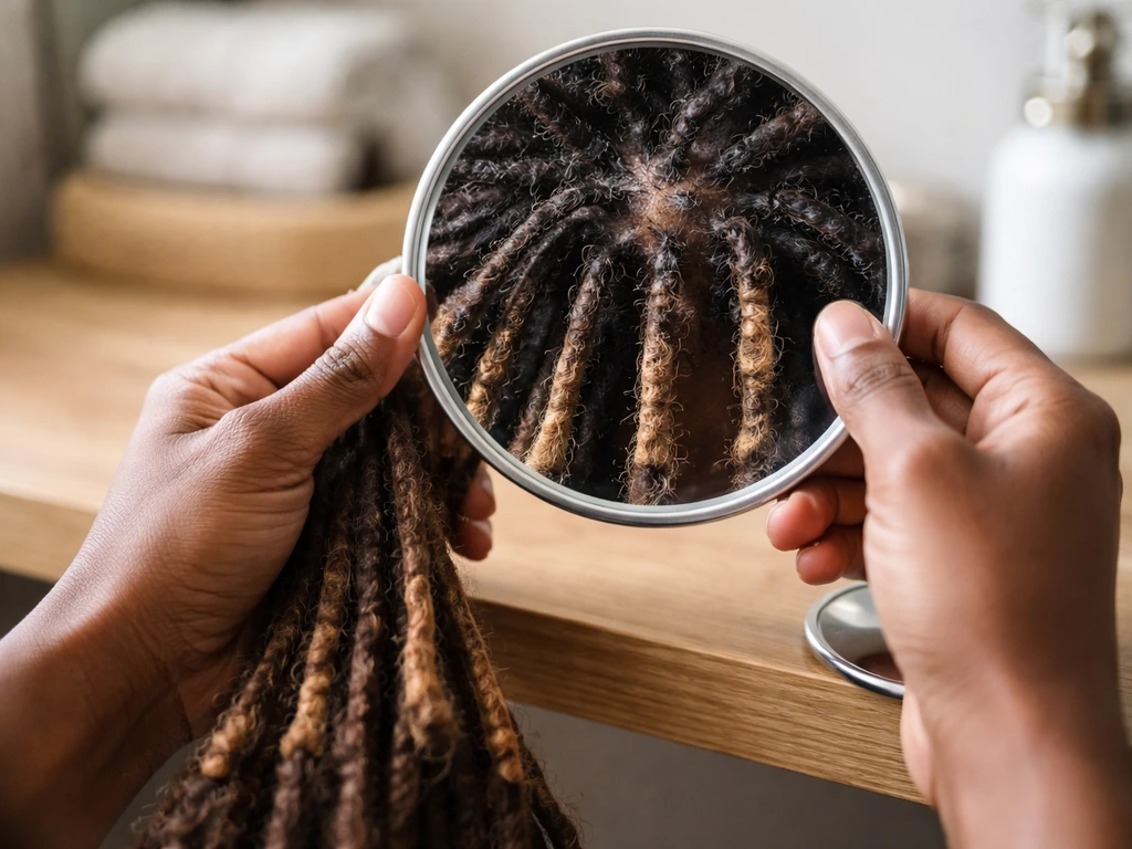 Person uses a magnifying mirror to inspect thinning loc ends and roots.
