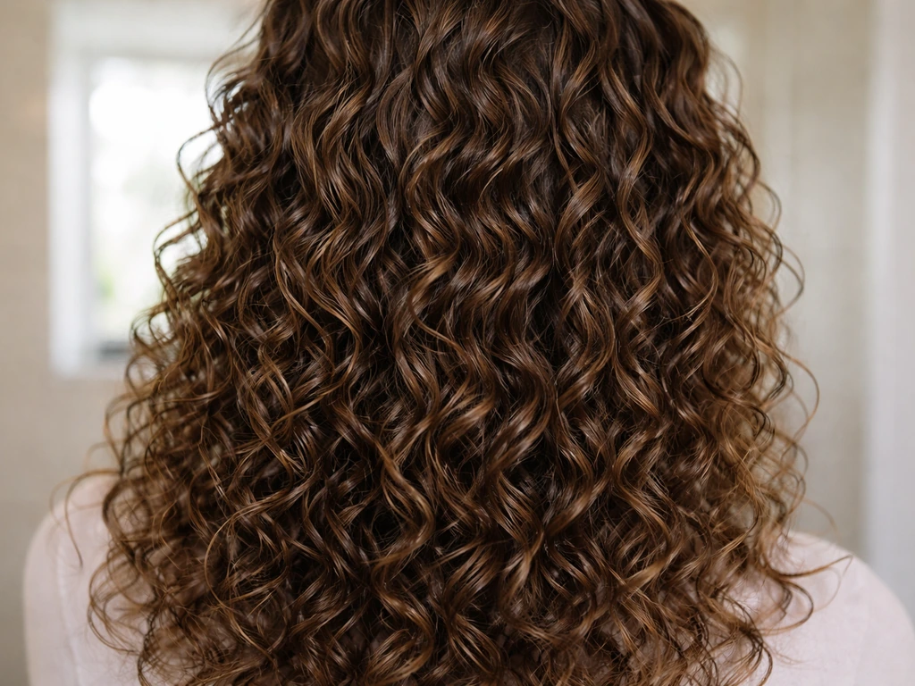 Close-up of freshly permed hair with consistent curls from root to tip in soft natural light.