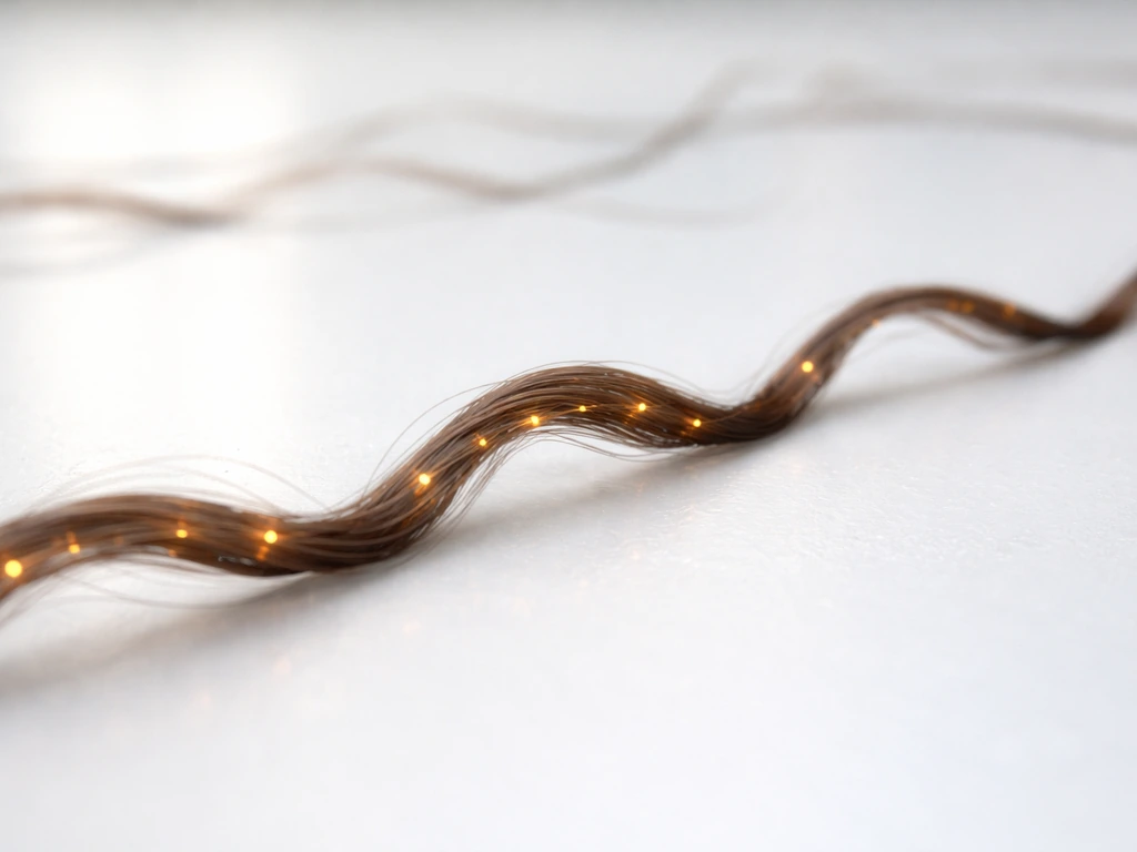 Macro view of a hair strand with faint glowing bond links and visible curls on a white bench.