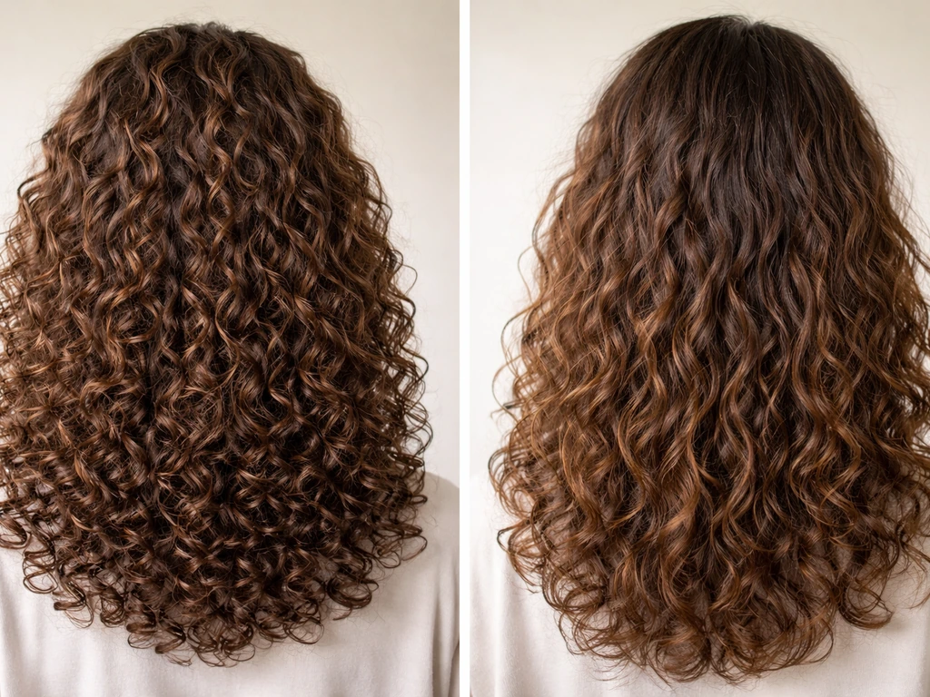 Split-screen photo showing uniform curls right after a perm versus natural new growth months later.