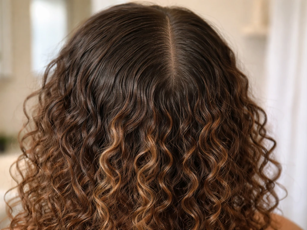 Close-up of hair showing a clear line where new roots are less curled than perm ends.