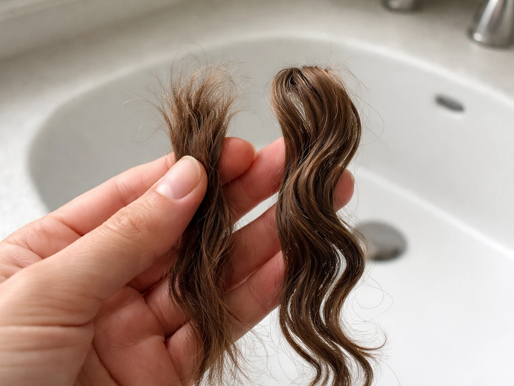 Hand holding split, snapped ends beside smoother intact hair to show breakage vs retained length