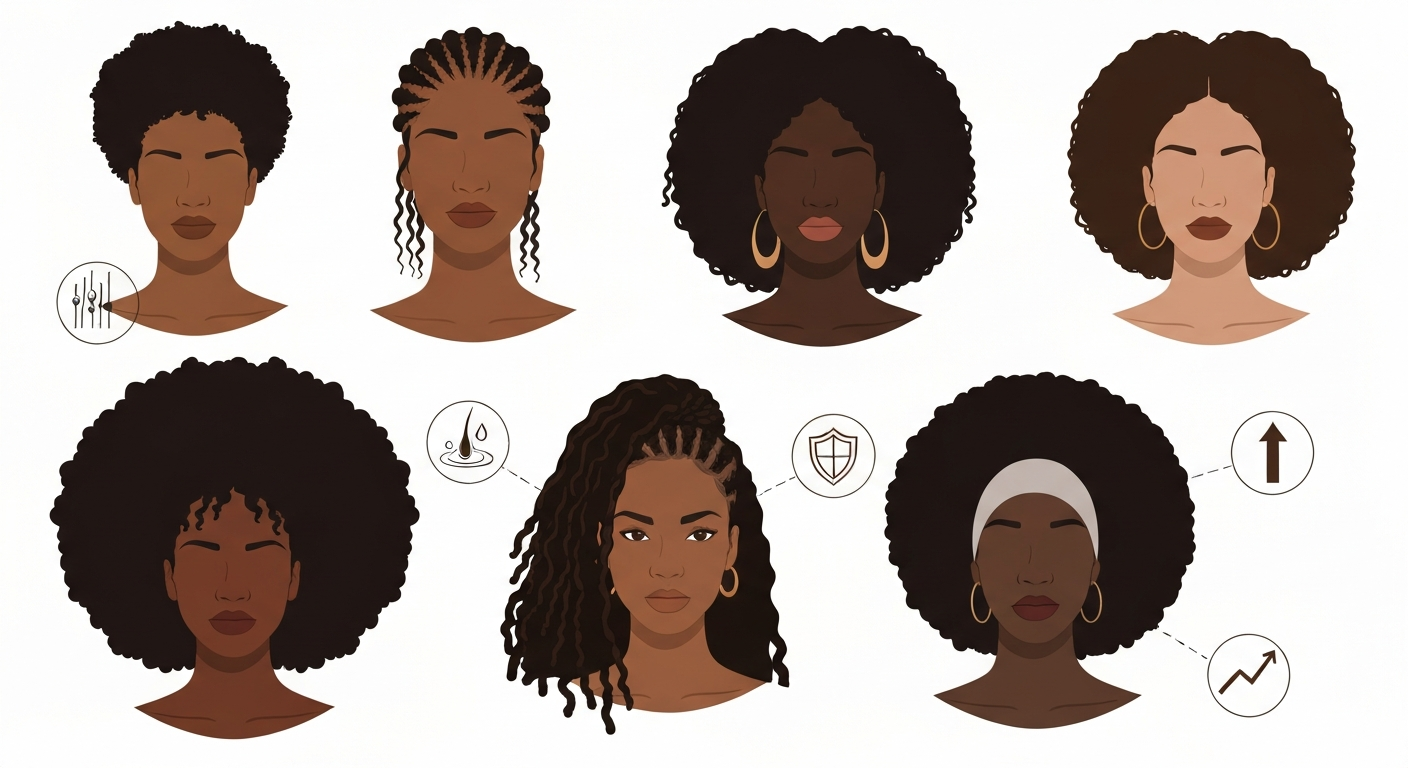 Illustration of diverse Black women with natural hair (afro, coils, braids, locs, wig) with small icons for follicle, moisture, and protection.