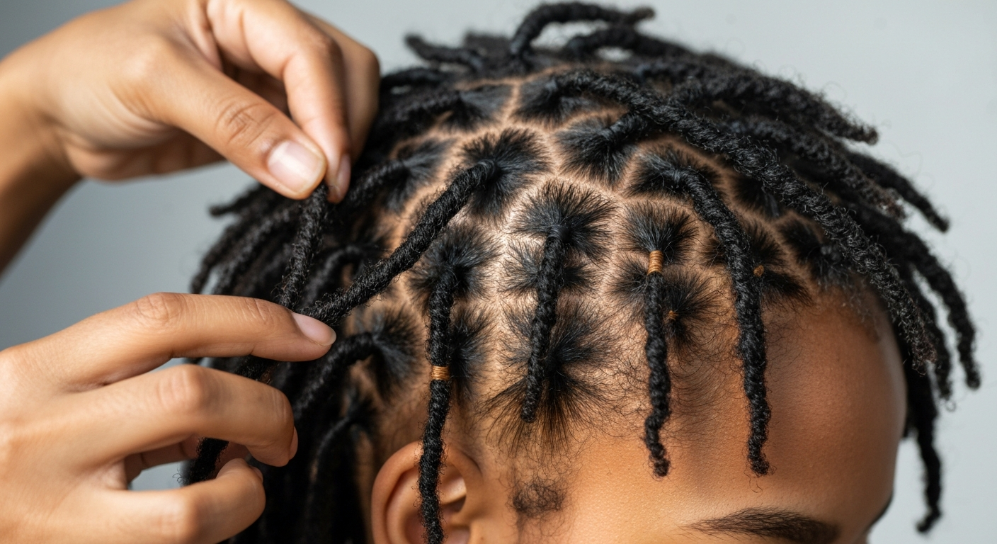 Close-up of coily hair with early starter locs and two-strand twists, hands parting a section to show texture.