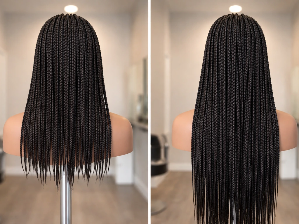 Split view showing two box-braid extension setups: short/light braids vs very long/heavy braids with tension cues.