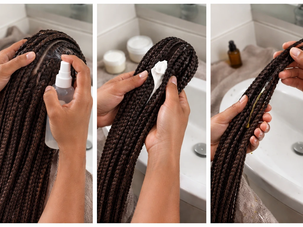 Hands apply leave-in, then cream, then light oil along braided hair and ends in a bathroom.