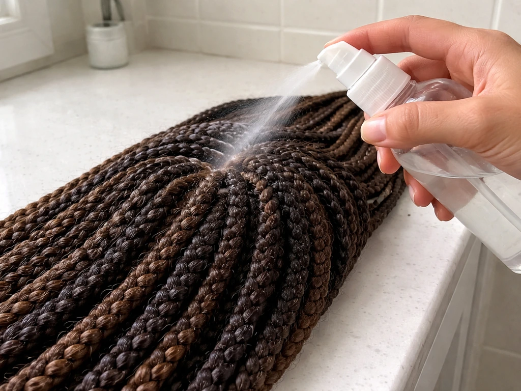 Hand sprays conditioner at the roots of box braids, showing a slip barrier before detangling.