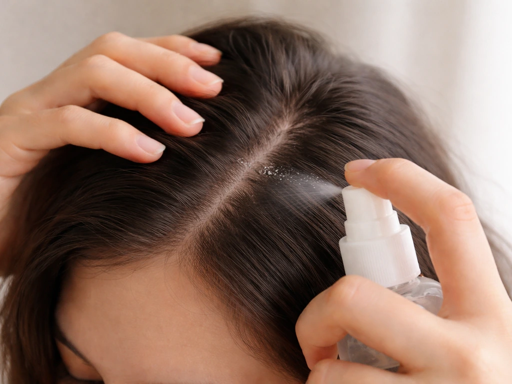 Hands lightly applying leave-in spray near the scalp, suggesting dryness and itch-prone haircare steps.