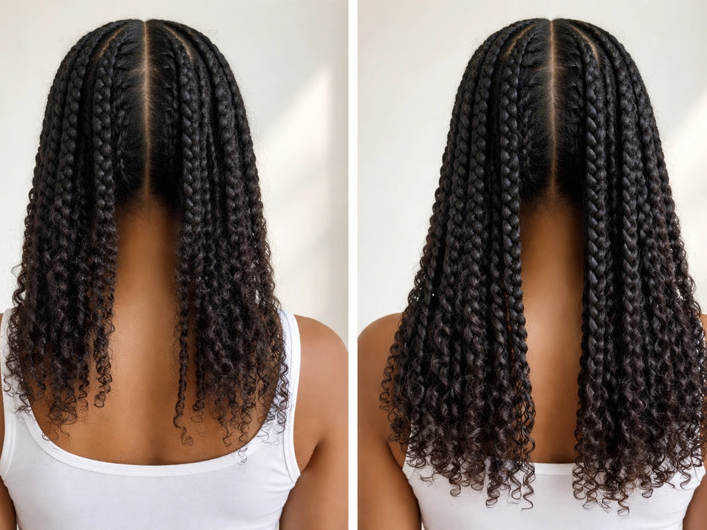 Side-by-side hair before-and-after showing moisturized, defined biracial hair texture and length potential.