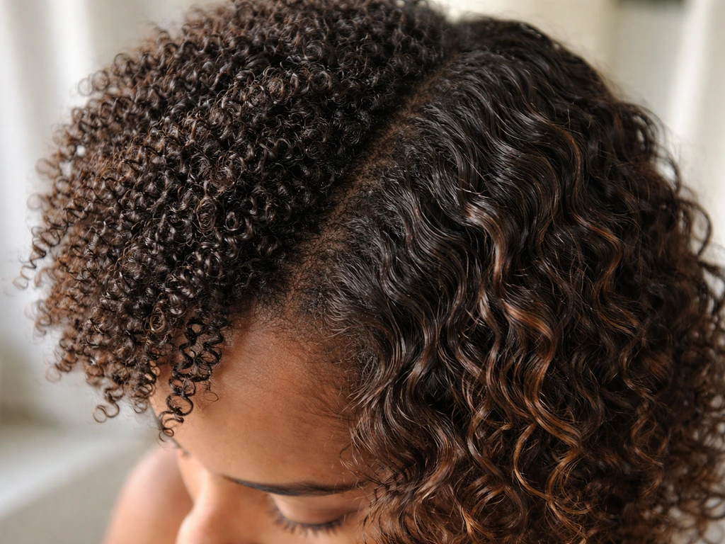Close-up of one person’s hair showing mixed curl textures and thickness variations on the same head.