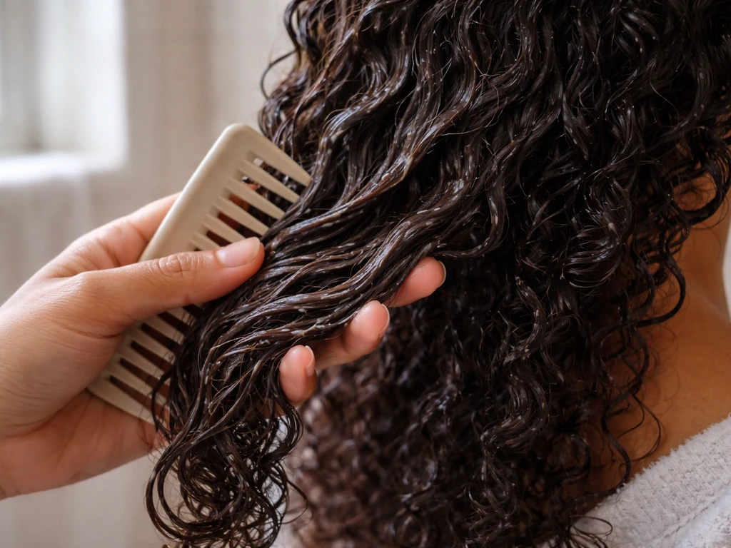 Close-up of gentle detangling on curly hair with slip, fingers separating strands to prevent breakage.
