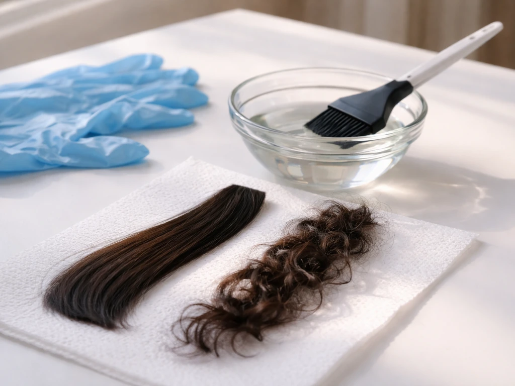 Relaxer supplies and two hair strand segments showing different curl patterns on a simple tabletop.