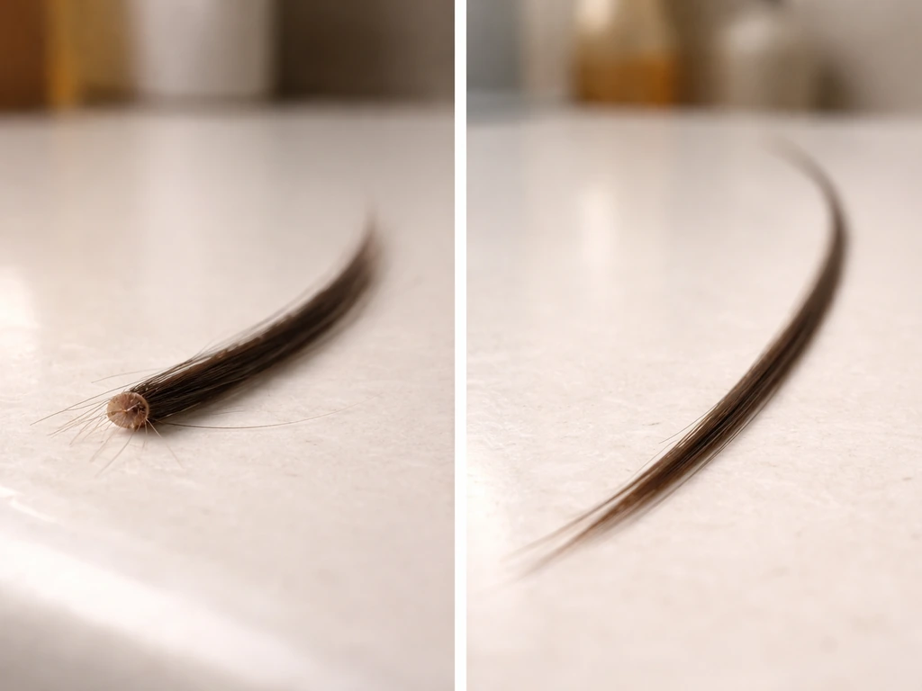 Minimal photo of two hair strands showing growth vs retention: one with roots, one intact length.