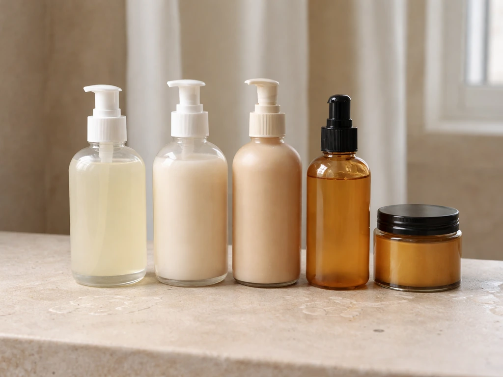 Minimal lineup of textured-hair products: cleanser, conditioner, leave-in moisturizer, and sealing oil/butter