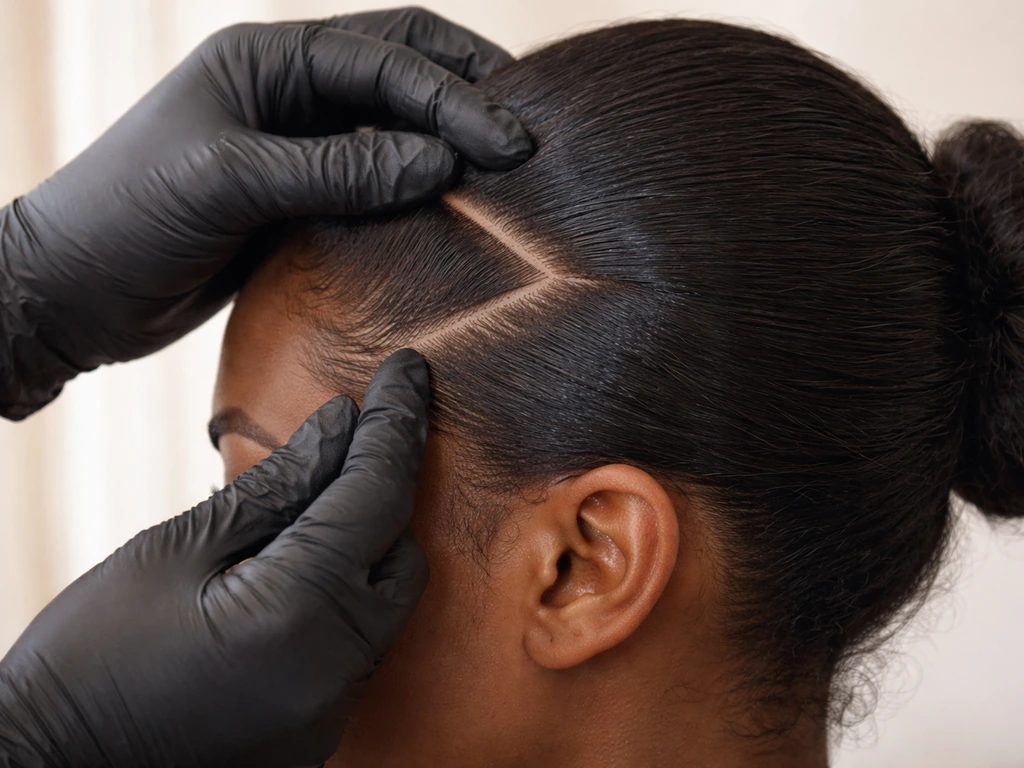 Close-up of a protective hair installation at the hairline with smooth, tension-free parting and neatly prepped edges