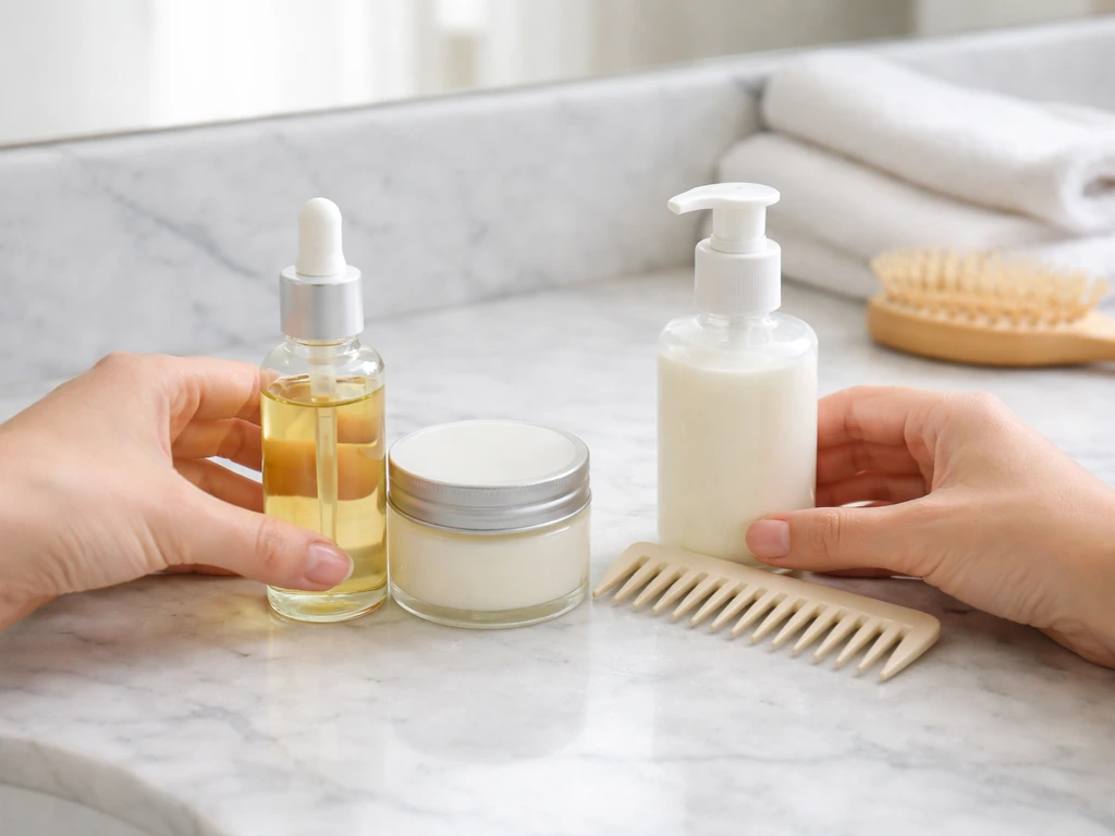Minimal bathroom vanity with two neatly arranged hair-care items suggesting natural vs relaxed routines