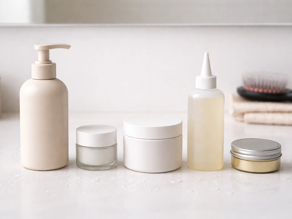 Minimal flat-lay of five curly-hair starter products on a bathroom counter in routine order.