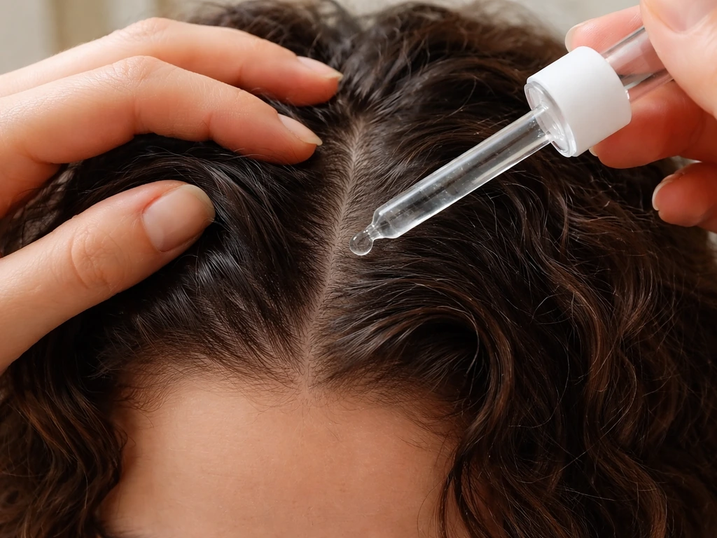 Dropper applies scalp treatment to visible scalp along part lines beneath curly hair
