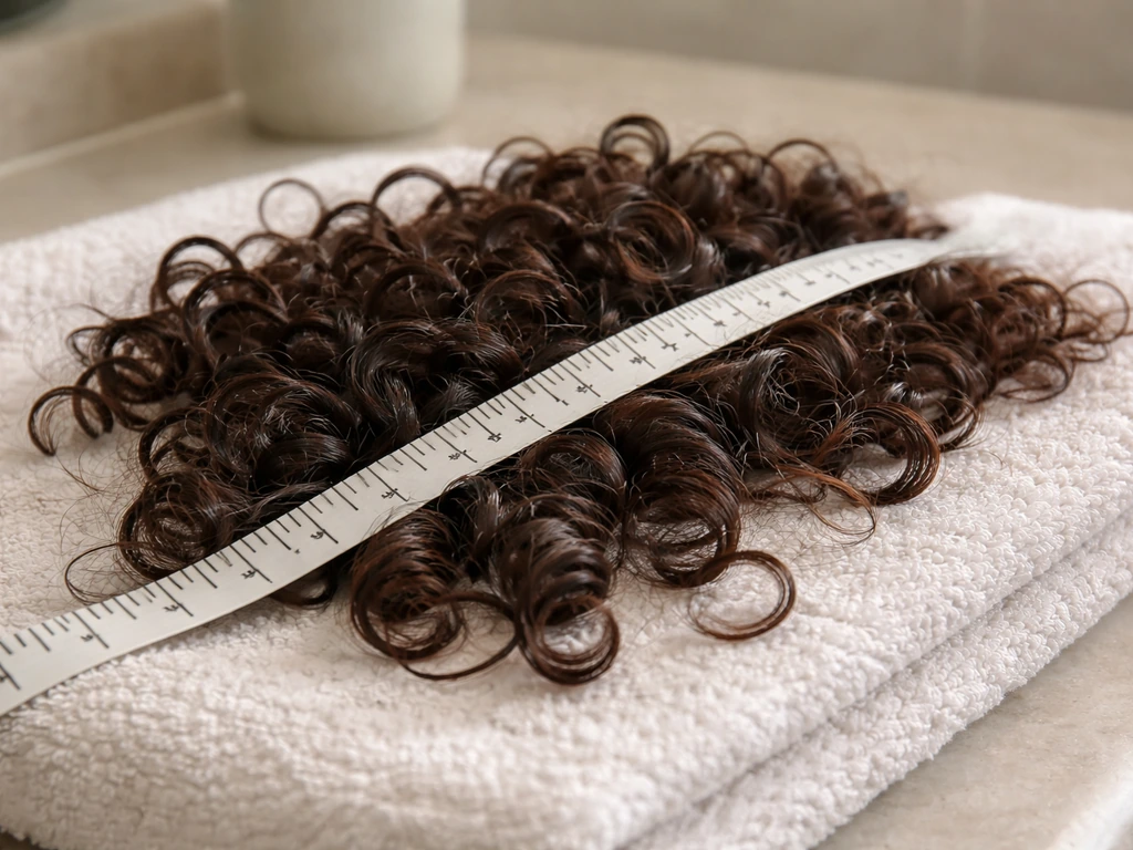Close-up of curly hair with a measuring tape laid along the curls to suggest tracking length over time.