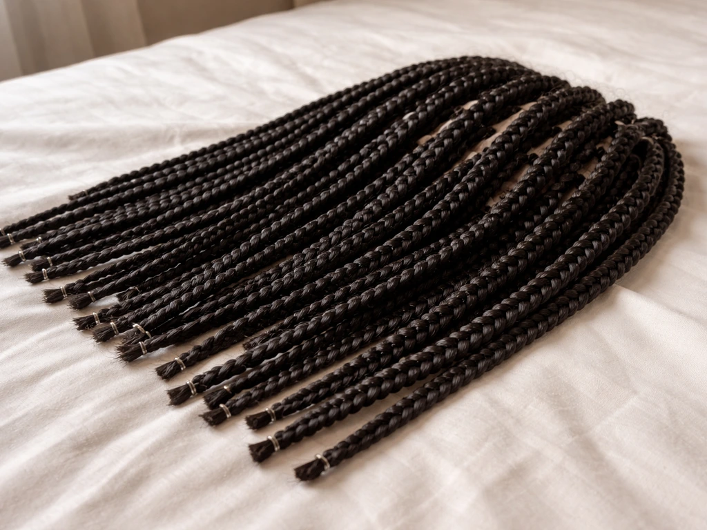 Neatly laid braids and twists on a bedspread, showing protective low-manipulation styling.