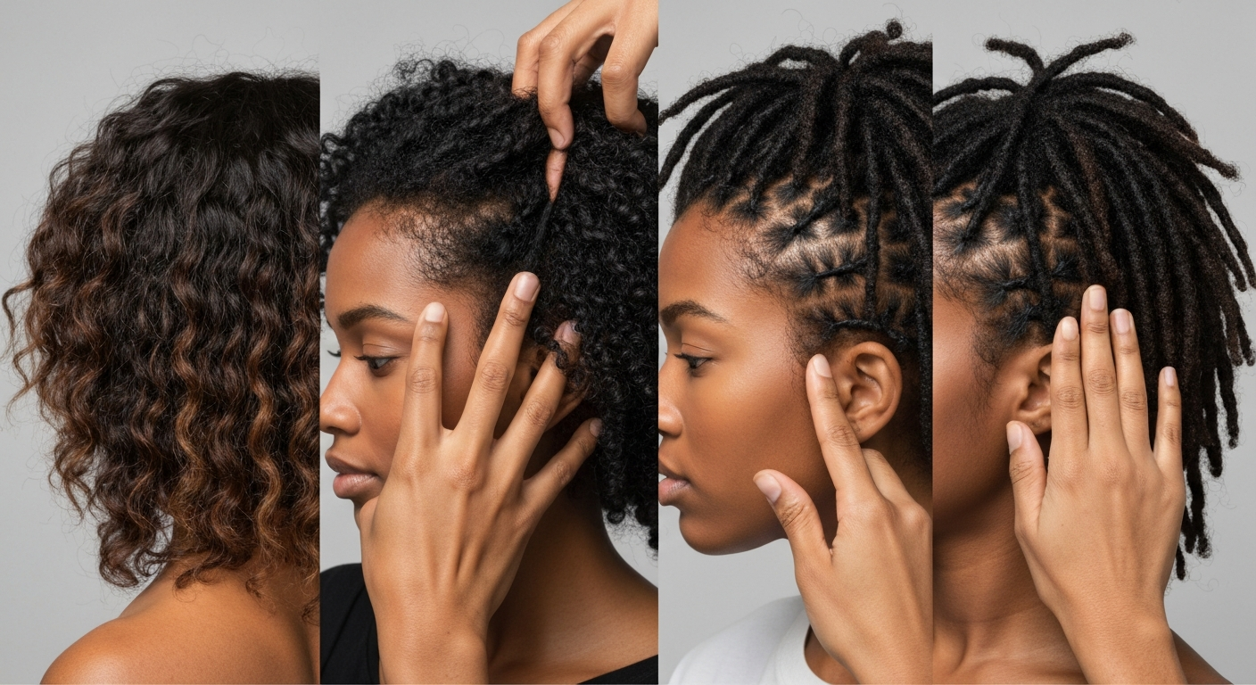 Three-panel editorial image showing starter sections, mid-stage matted locs, and mature locs on diverse hair textures; hands demonstrate gentle maintenance.
