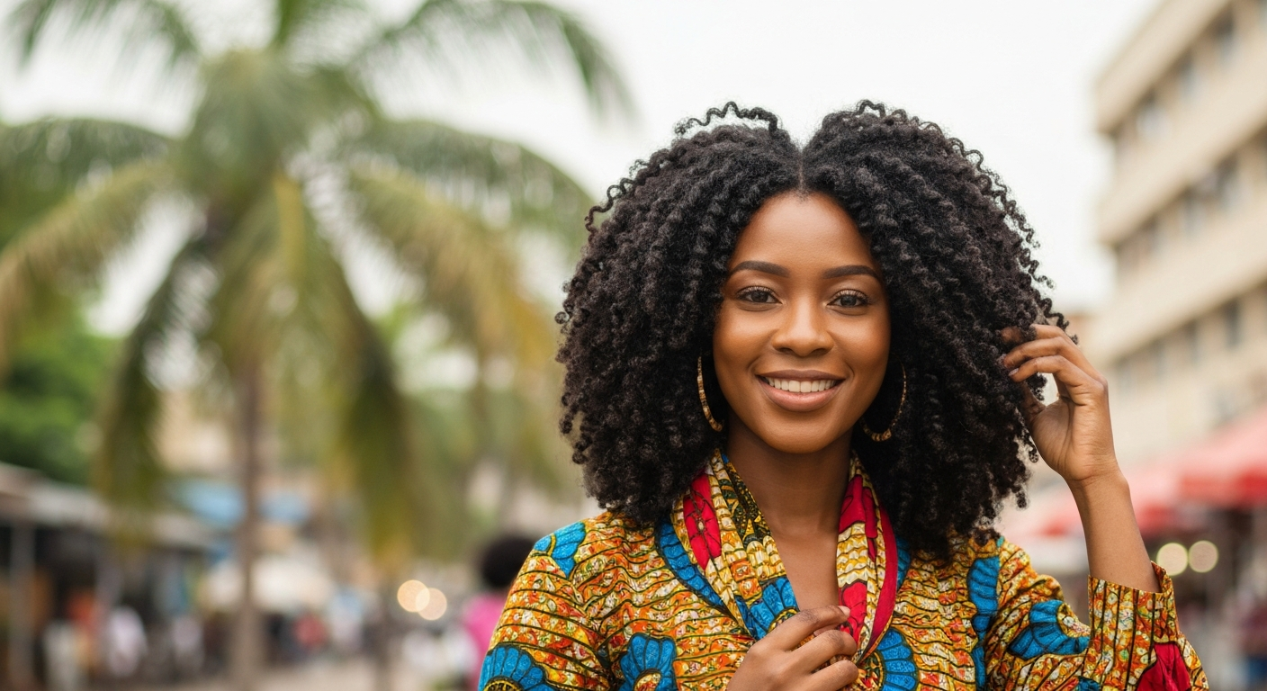 Confident Nigerian woman outdoors with healthy natural textured hair, smiling and lightly touching her coils.