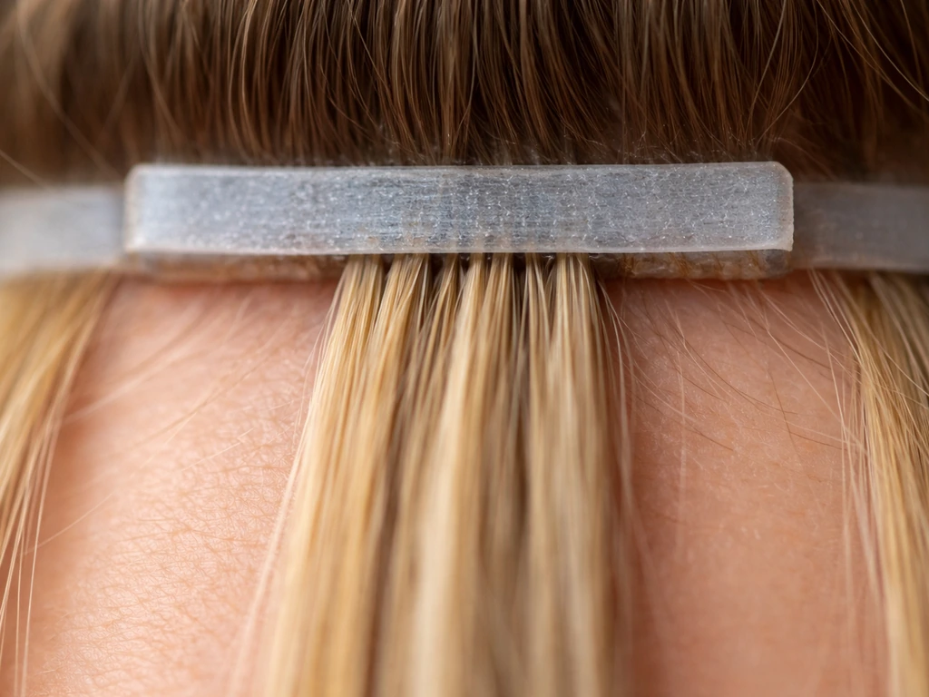 Close-up cross-section of tape-in extensions sandwiching natural hair at the root with adhesive wefts.