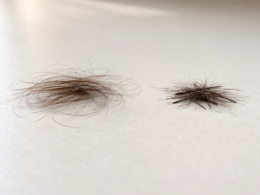 Two small piles of hair on a light surface: longer loose shed strands vs shorter snapped pieces.