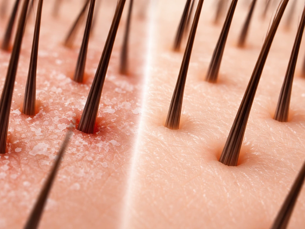 Macro view of scalp showing mild irritation and buildup next to a clean healthy area.