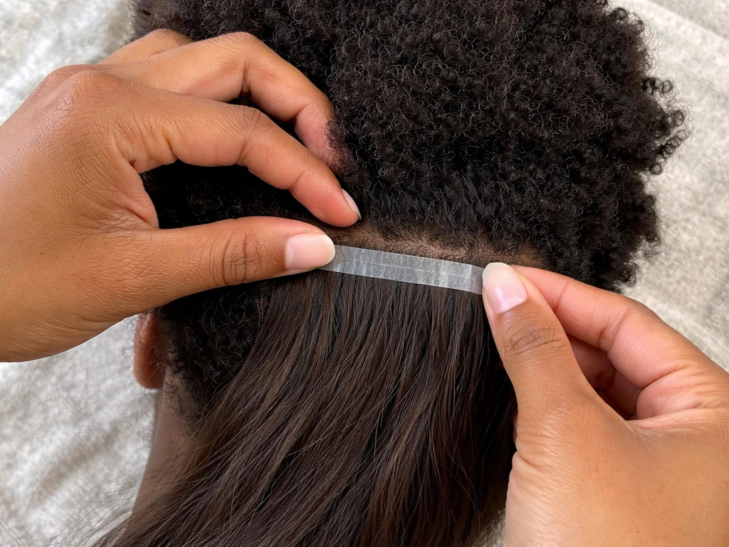 Top-down photo of hands sectioning textured hair and pressing tape-on weft adhesive evenly near the scalp.