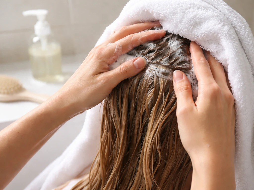 Hands washing a scalp with fingertips, then towel drying near tape-in bonds in a clean bathroom.