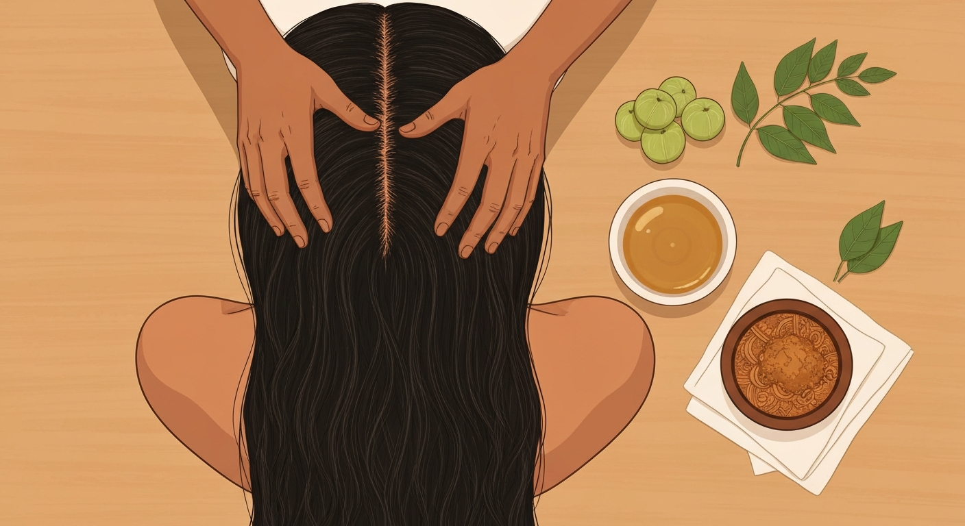 Warm-toned illustration of a person receiving a warm oil scalp massage, with nearby bowls of amla, coconut, bhringraj leaves, and henna on a cloth.