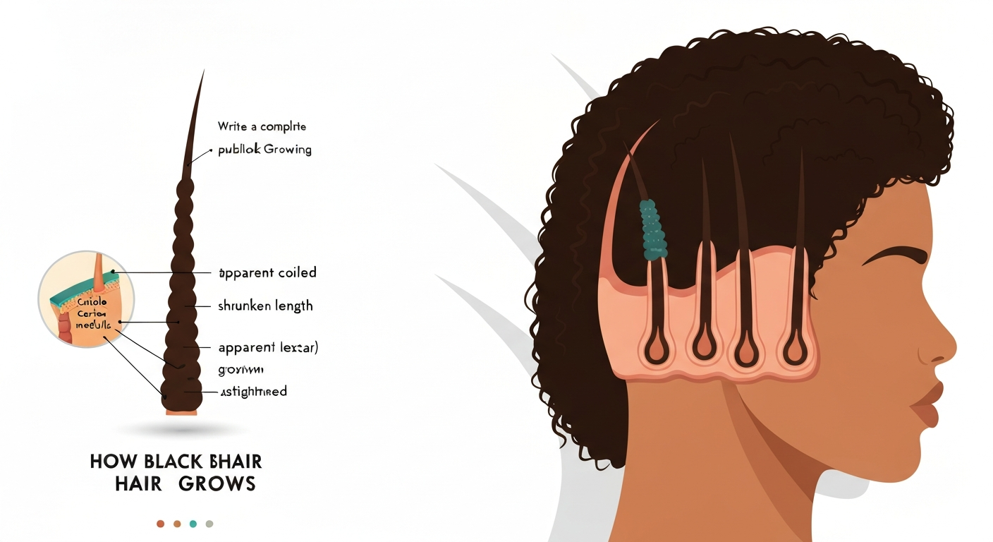 Infographic-style illustration of a scalp with Afro-textured hair follicles and an enlarged strand showing coiled vs stretched length, plus a small cross-section of hair layers (cuticle, cortex, medulla).