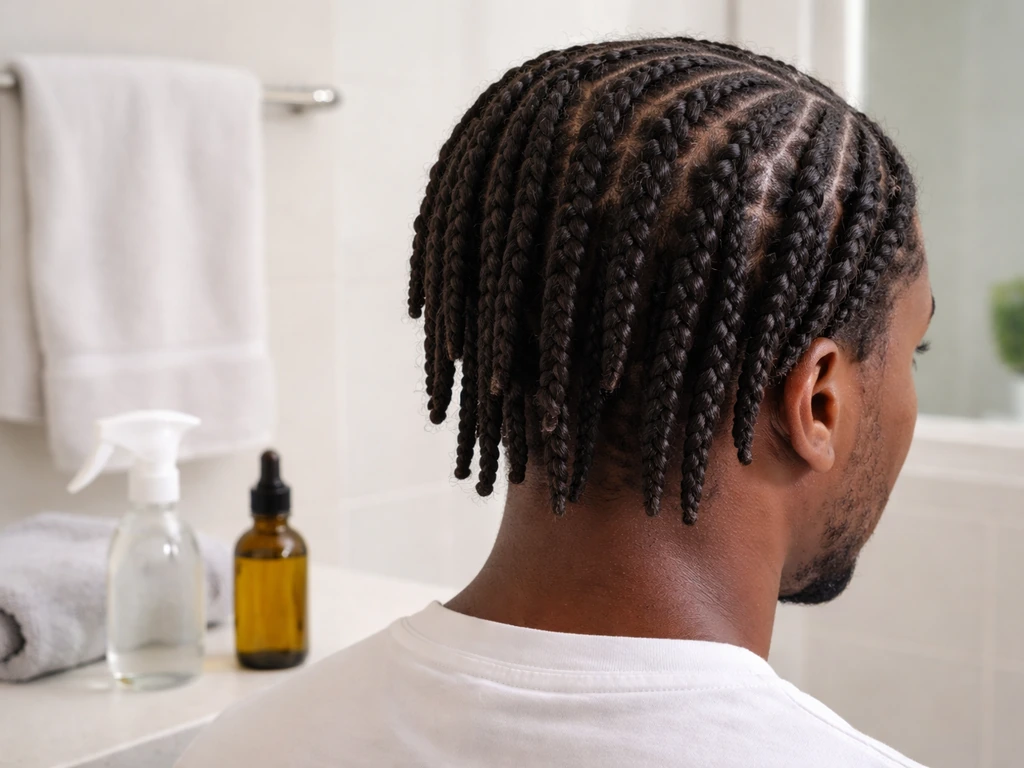 Close-up of healthy two-strand twists with scalp care items on a clean bathroom counter.