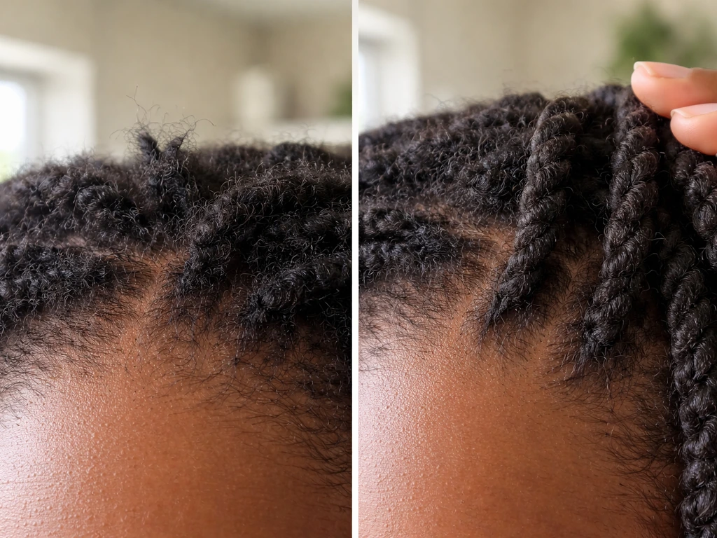 Close-up of hair at the scalp showing root growth vs longer twists held in place by fingers.