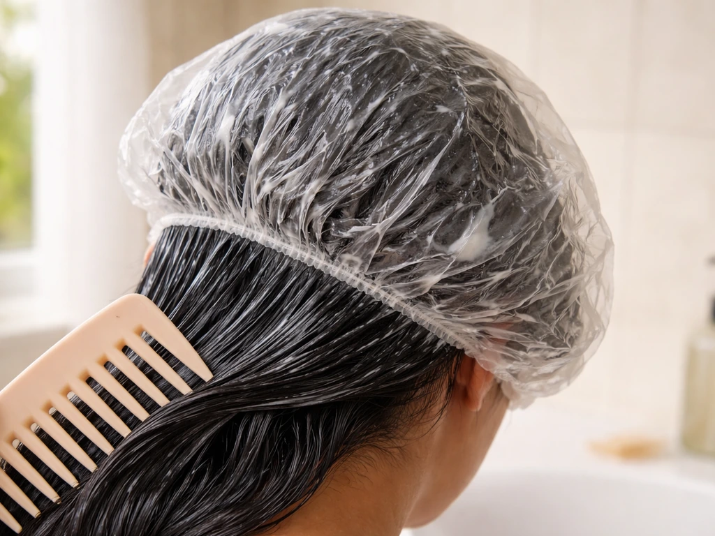 Hair covered with a clear plastic heat cap while conditioner is applied, with a detangling comb nearby.
