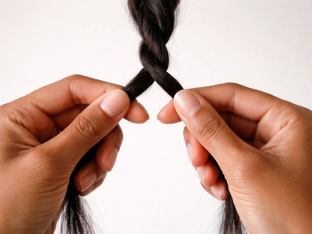 Close-up of hands splitting hair into two strands and crossing the right over the left while twisting.