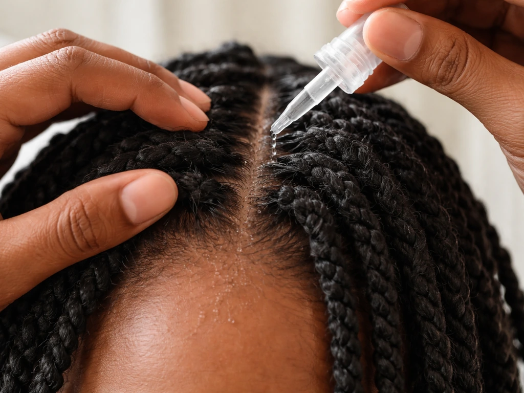 Hands apply diluted cleanser to visible scalp between installed twists using a dropper or spray bottle.