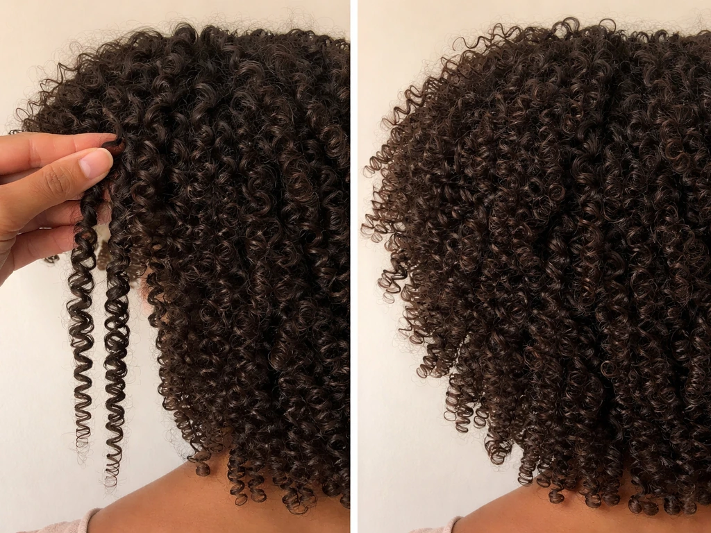 Side-by-side close-up of curly hair stretched vs shrunken, showing length retention without showing any person.