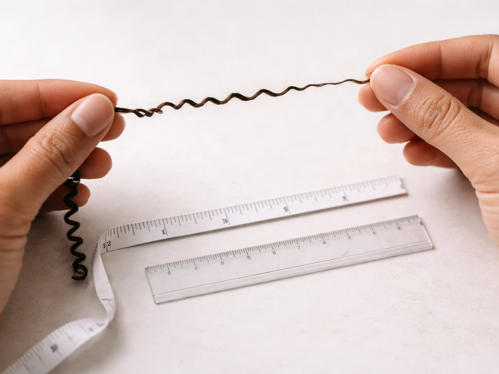 Close-up of a hand stretching a curly hair strand while measuring it with a ruler for accurate length.
