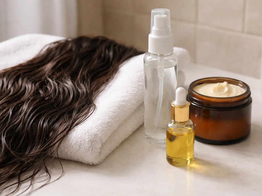 Damp hair on a towel with stacked leave-in, cream/butter, and sealing oil products for a retention routine.