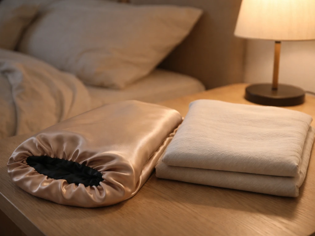 Side-by-side satin and cotton pillowcases with a satin bonnet on a bedside table at night.