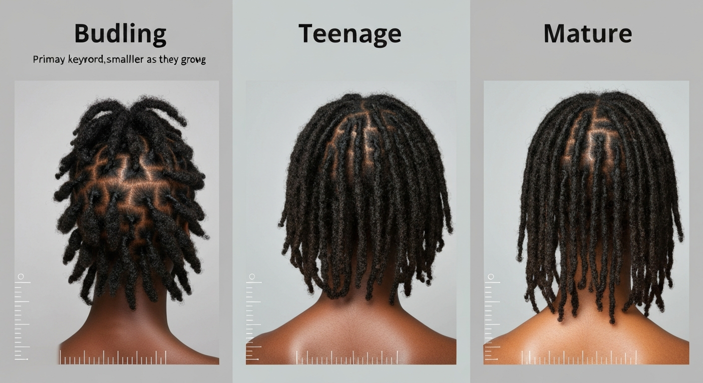 Triptych showing loc progression: budding (short, puffier locs), teenage (denser, matted locs), and mature (compacted, narrower locs) on diverse textured hair; labeled panels and subtle measurement markers.