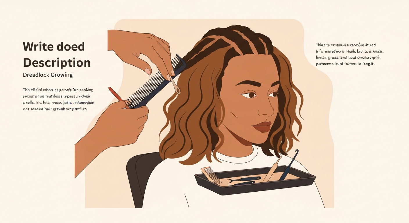Illustration of hands sectioning wavy hair with tools (rat-tail comb, crochet hook) on a tray, representing preparation for starting dreadlocks.