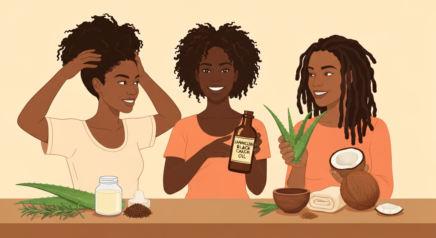 Three Afro-Caribbean people with textured hair demonstrating Jamaican haircare: scalp massage, a bottle labeled Jamaican Black Castor Oil, aloe leaf and halved coconut on a wooden tray with oils and rosemary.