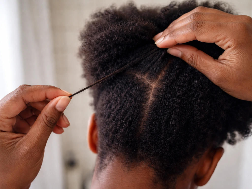 Person holds a natural hair strand near the scalp showing uneven length from roots to ends