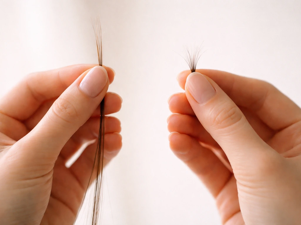 Minimal photo of a person’s hand holding two strands of hair, one intact and one broken, showing growth vs retention.
